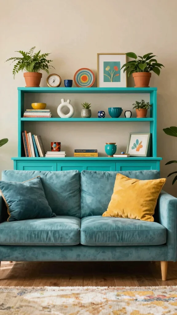 12 Behind-Sofa Shelf Ideas for a Smart Styled Living Room Wall - 10. Use Colorful Paint for a Bold Statement 1