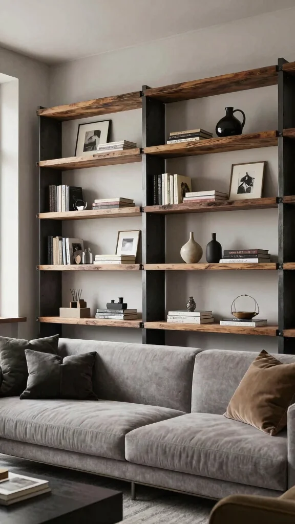 12 Behind-Sofa Shelf Ideas for a Smart Styled Living Room Wall - 12. Trendy Industrial Shelving for an Urban Feel 1