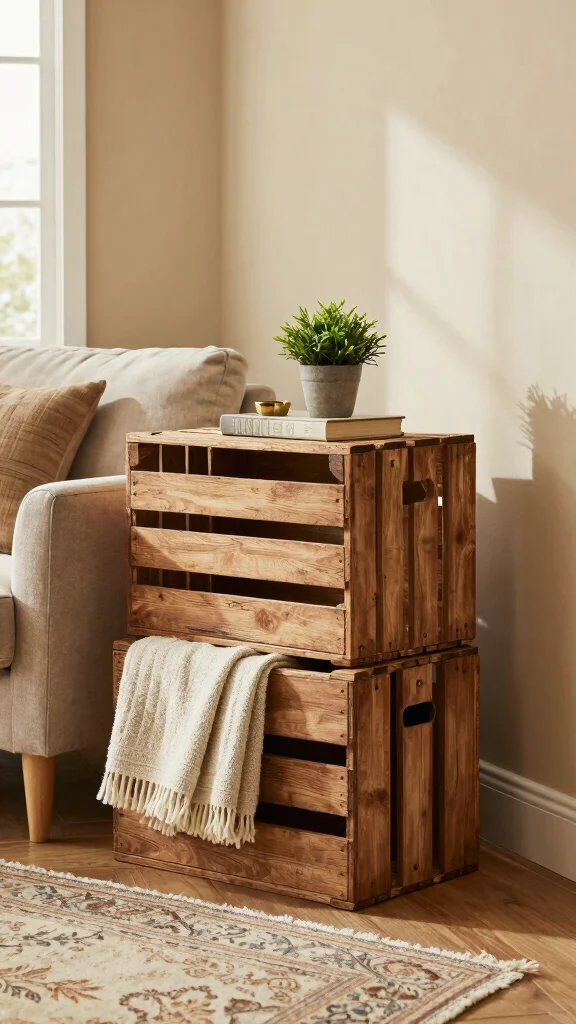 12 Behind-Sofa Shelf Ideas for a Smart Styled Living Room Wall - 2. Rustic Wooden Crates for a Homey Vibe 1