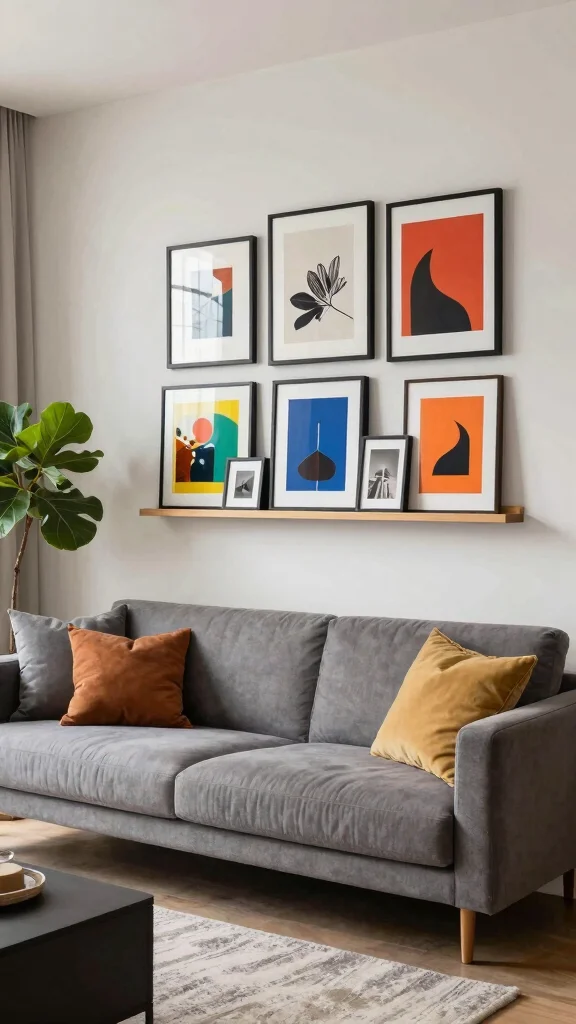 12 Behind-Sofa Shelf Ideas for a Smart Styled Living Room Wall - 3. Install a Gallery Shelf for Art Lovers 1