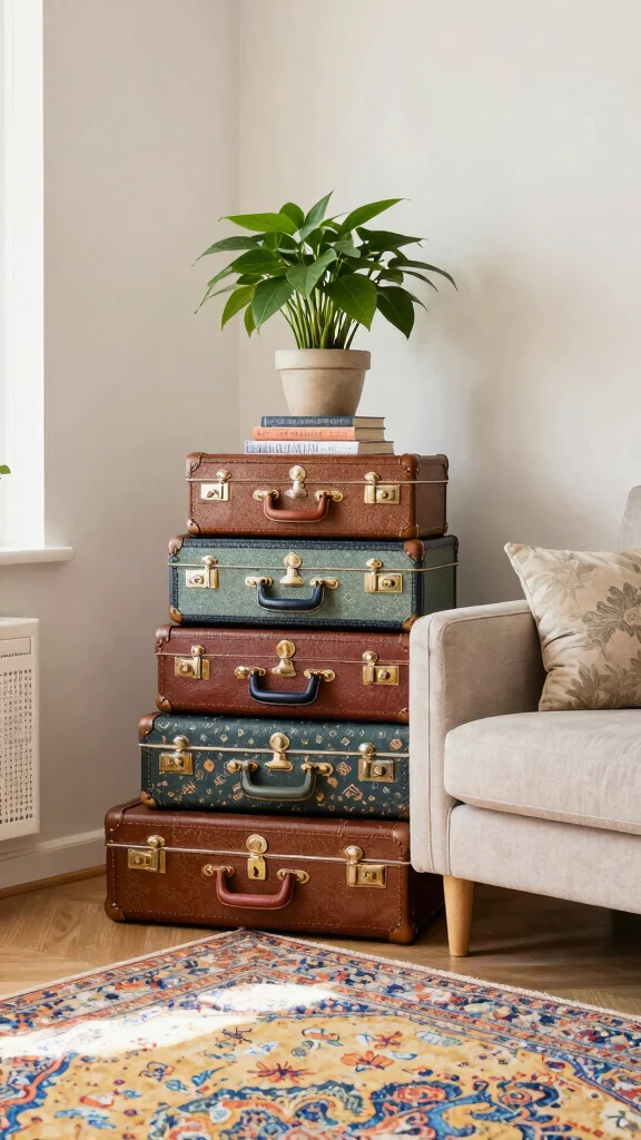 12 Behind-Sofa Shelf Ideas for a Smart Styled Living Room Wall - 4. Vintage Suitcases for a Fun Storage Solution 1
