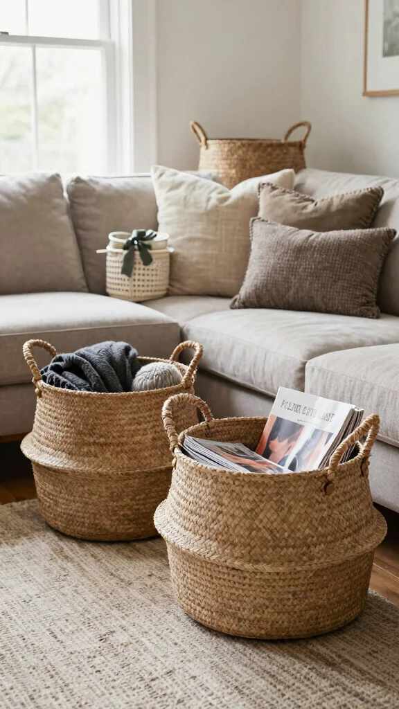 12 Behind-Sofa Shelf Ideas for a Smart Styled Living Room Wall - 7. Use Decorative Baskets for Style and Storage 1
