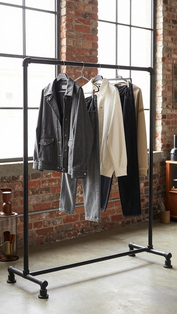 12 DIY Clothes Hanger Rack Ideas for a Custom Budget Friendly Display - 2. Industrial Pipe Rack 1