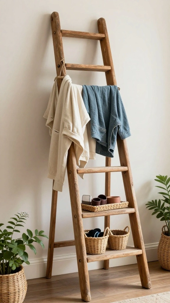 12 DIY Clothes Hanger Rack Ideas for a Custom Budget Friendly Display - 4. Vintage Ladder Display 1