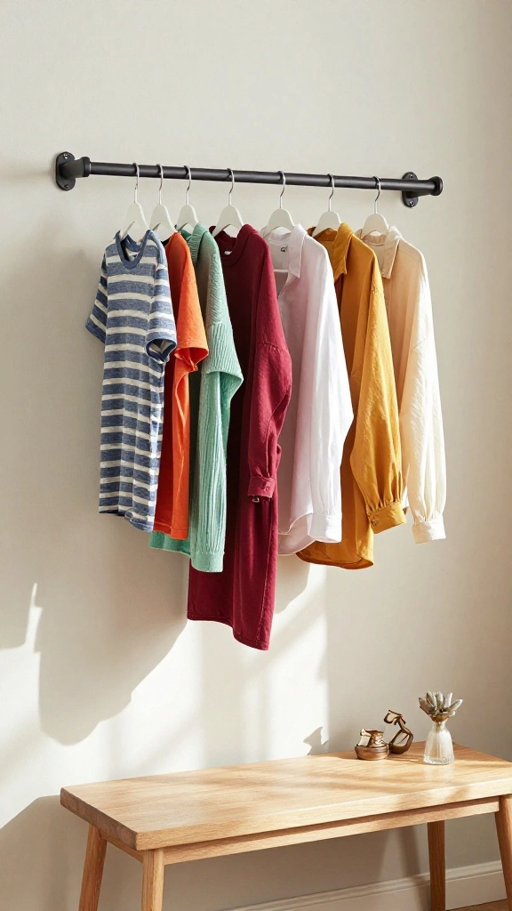 12 DIY Clothes Hanger Rack Ideas for a Custom Budget Friendly Display - 5. Wall-Mounted Hanging Rod 1