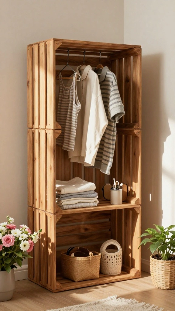 12 DIY Clothes Hanger Rack Ideas for a Custom Budget Friendly Display - 8. Upcycled Crate Rack 1