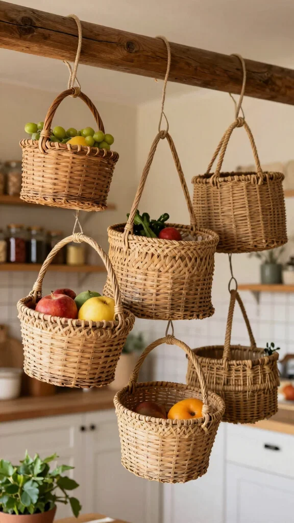12 Hanging Kitchen Basket Ideas for Fruits, Vegetables, and Storage - 1. Rustic Woven Baskets 1