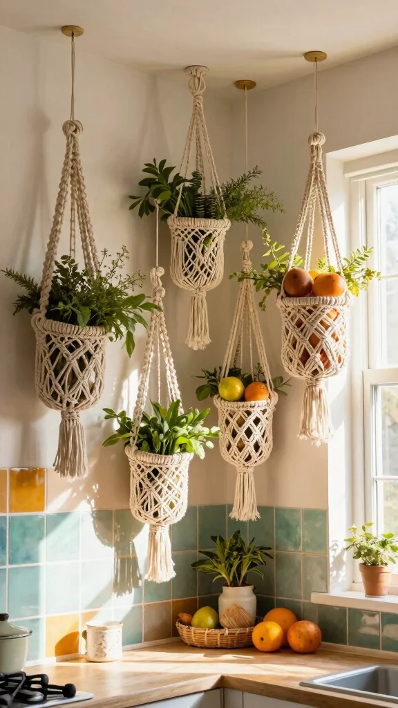 12 Hanging Kitchen Basket Ideas for Fruits, Vegetables, and Storage - 2. Macramé Hanging Baskets 1