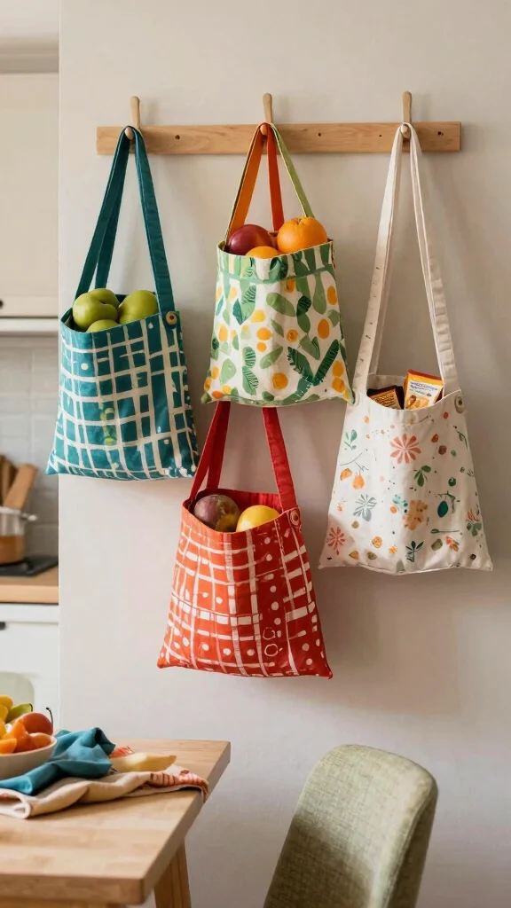 12 Hanging Kitchen Basket Ideas for Fruits, Vegetables, and Storage - 5. Colorful Fabric Baskets 1