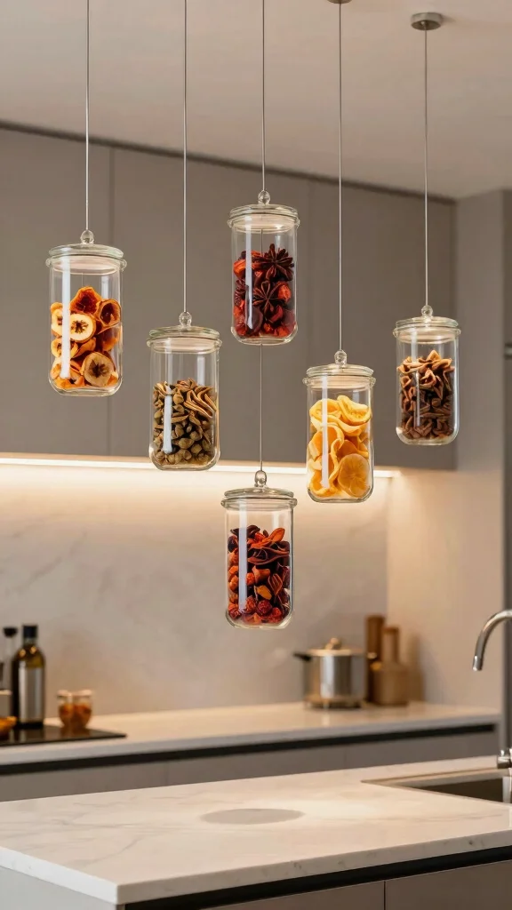 12 Hanging Kitchen Basket Ideas for Fruits, Vegetables, and Storage - 6. Glass Hanging Jars 1