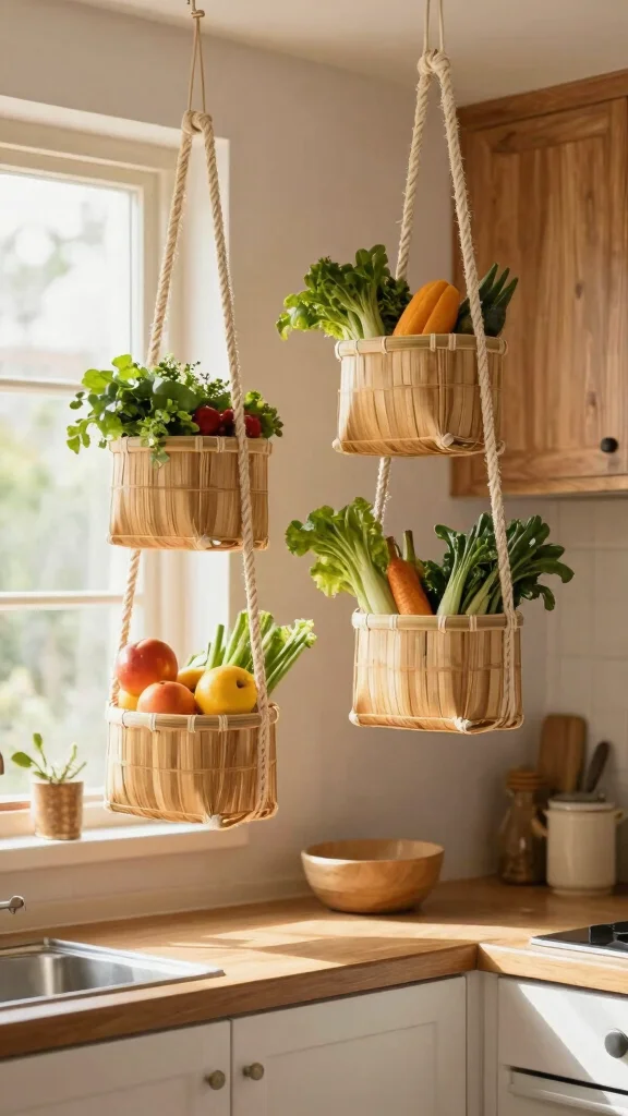 12 Hanging Kitchen Basket Ideas for Fruits, Vegetables, and Storage - 7. Bamboo Hanging Storage 1