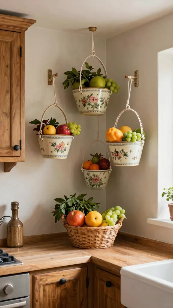 12 Hanging Kitchen Basket Ideas for Fruits, Vegetables, and Storage - 9. Vintage-Style Hanging Baskets 1