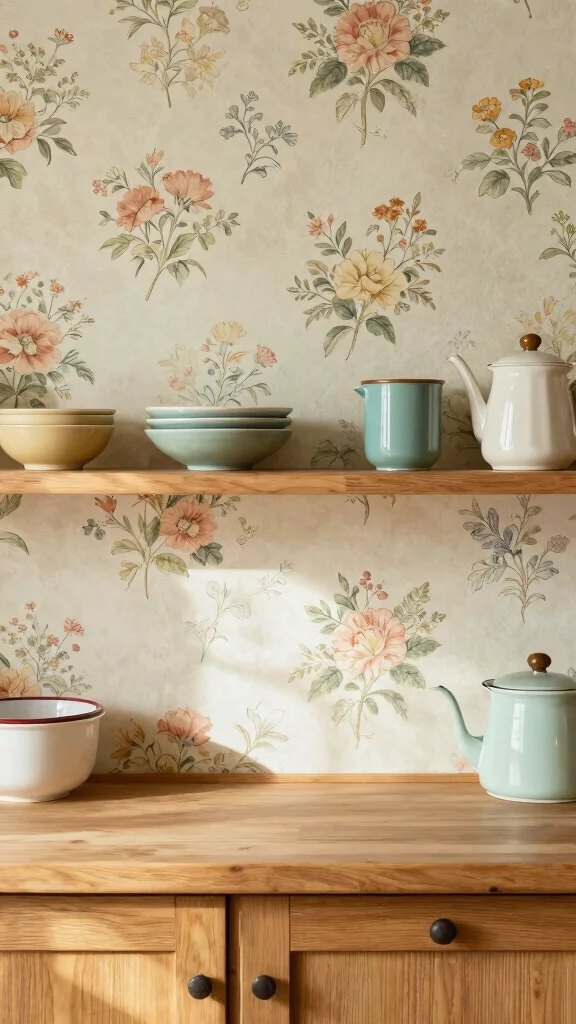 12 Kitchen Shelf Liner Ideas for a Clean Stylish Cabinet Interior - 7. Vintage Wallpaper Shelf Liners 1