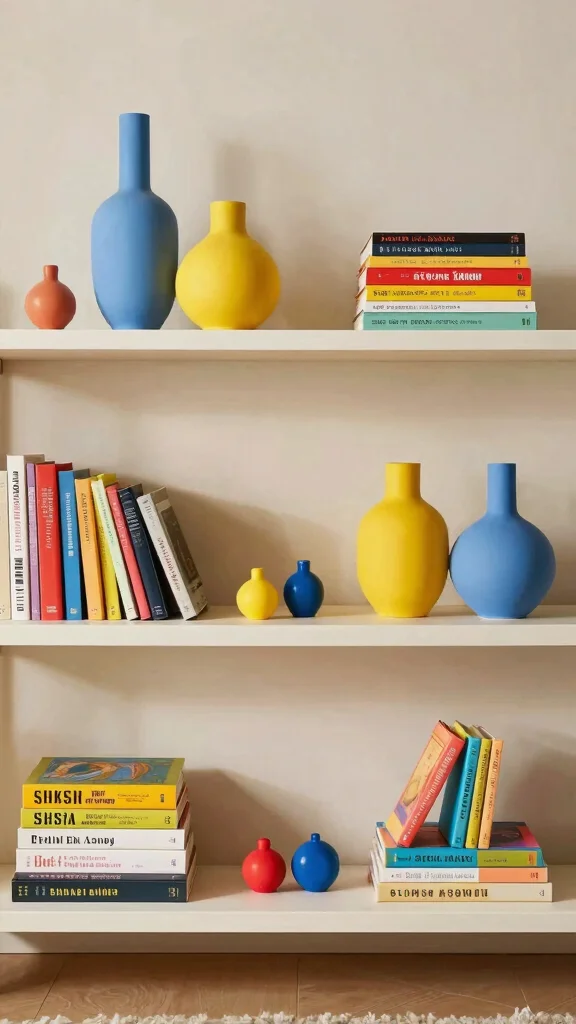12 Living Room Shelf Decor Ideas for a Curated Beautiful Display - 12. Colorful Accents 1