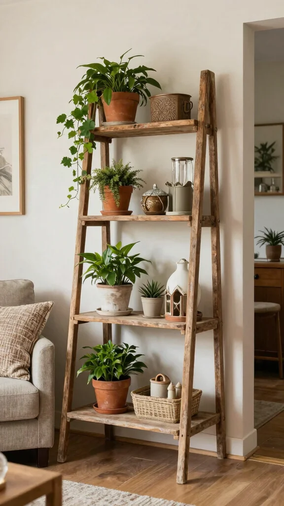 12 Shelf Room Divider Ideas for a Stylish Open-Plan Space - 10. Vintage Ladder Shelves 1