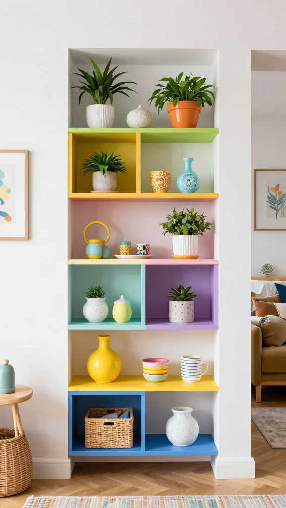 12 Shelf Room Divider Ideas for a Stylish Open-Plan Space - 12. Colored Accent Shelves 1