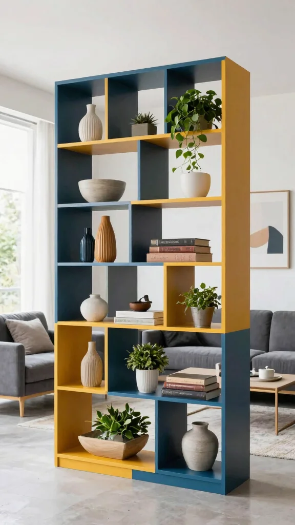 12 Shelf Room Divider Ideas for a Stylish Open-Plan Space - 3. Geometric Shelving Units 1