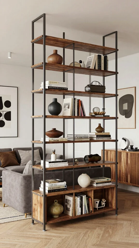 12 Shelf Room Divider Ideas for a Stylish Open-Plan Space - 7. Industrial Metal Shelves 1