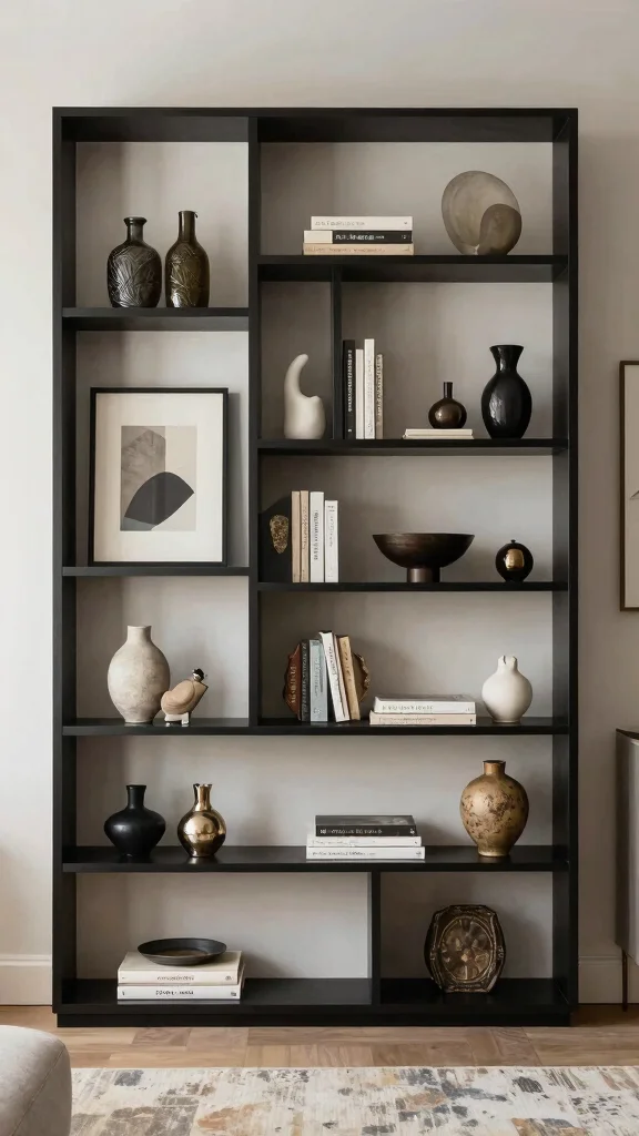 12 Shelf Room Divider Ideas for a Stylish Open-Plan Space - 9. Artistic Display Shelves 1
