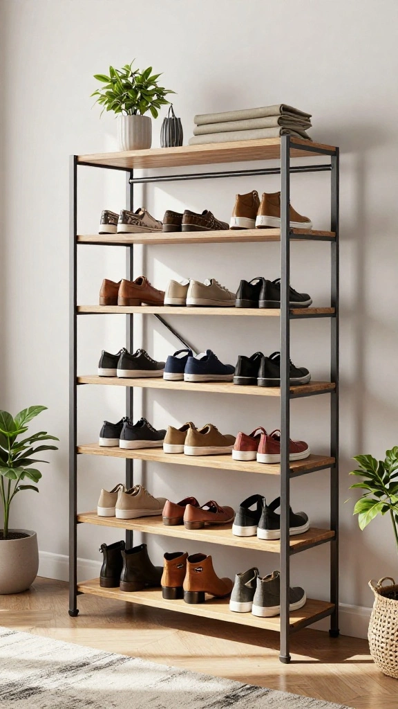 12 Shoe Rack and Clothes Hanger Combo Ideas for a Complete Wardrobe - 10. Stylish Metal Frame with Wooden Shelves 1