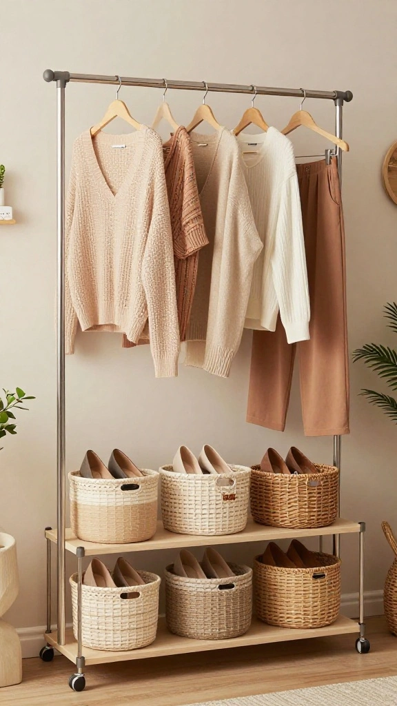 12 Shoe Rack and Clothes Hanger Combo Ideas for a Complete Wardrobe - 12. Stylish Baskets for Shoes with Clothes Rack 1