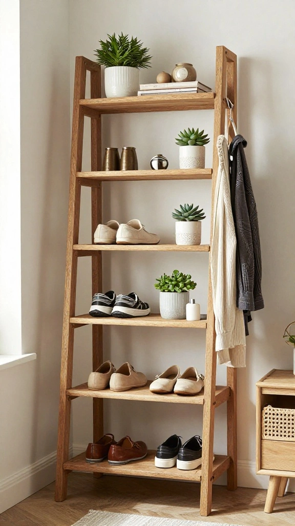 12 Shoe Rack and Clothes Hanger Combo Ideas for a Complete Wardrobe - 3. Ladder Shelf Shoe and Clothes Rack 1