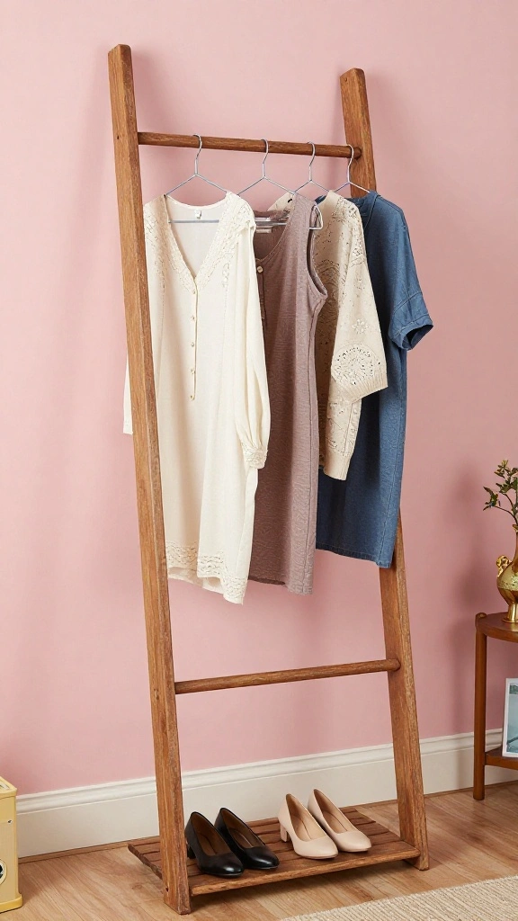 12 Shoe Rack and Clothes Hanger Combo Ideas for a Complete Wardrobe - 5. Vintage Ladder as a Clothes Hanger and Shoe Rack 1