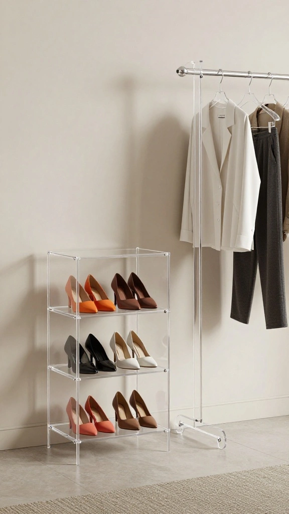 12 Shoe Rack and Clothes Hanger Combo Ideas for a Complete Wardrobe - 6. Acrylic Shoe Rack and Clothes Hanger 1