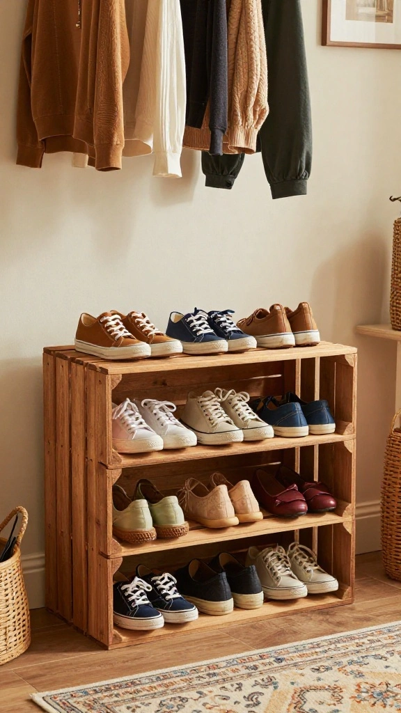 12 Shoe Rack and Clothes Hanger Combo Ideas for a Complete Wardrobe - 9. Rustic Wooden Crate Shoe Rack with Hanging Rod 1
