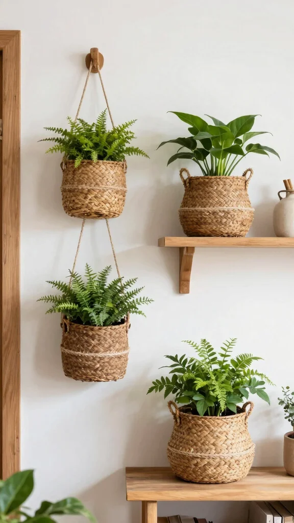 12 Three Basket Wall Display Ideas for a Styled Artisan Wall - 10. Nature’s Touch: Integrating Plants 1