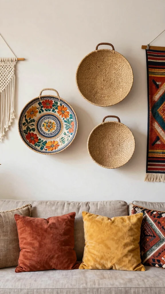 12 Three Basket Wall Display Ideas for a Styled Artisan Wall - 9. Bohemian Vibes: Mixed Patterns and Textures 1