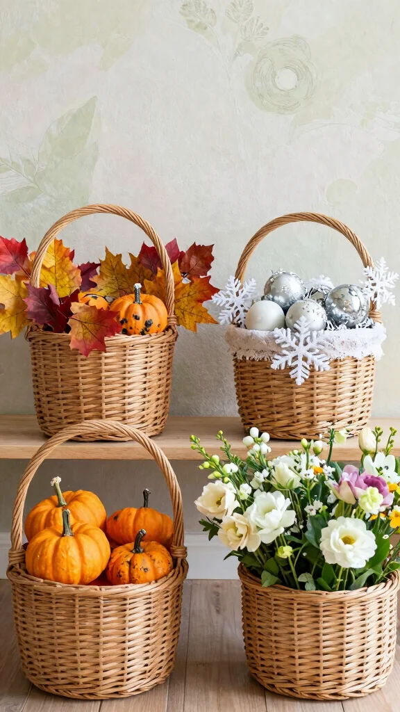 12 Three Woven Basket Wall Display Ideas for a Balanced Natural Decor - 6. Seasonal Switch 1