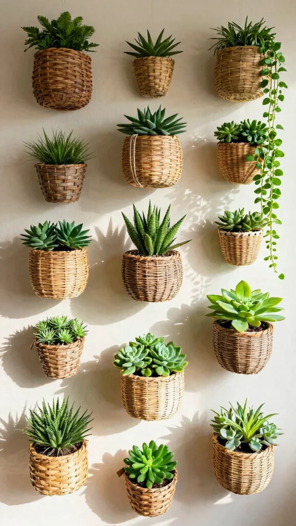 12 Three Woven Basket Wall Display Ideas for a Balanced Natural Decor - 8. Vertical Garden Baskets 1