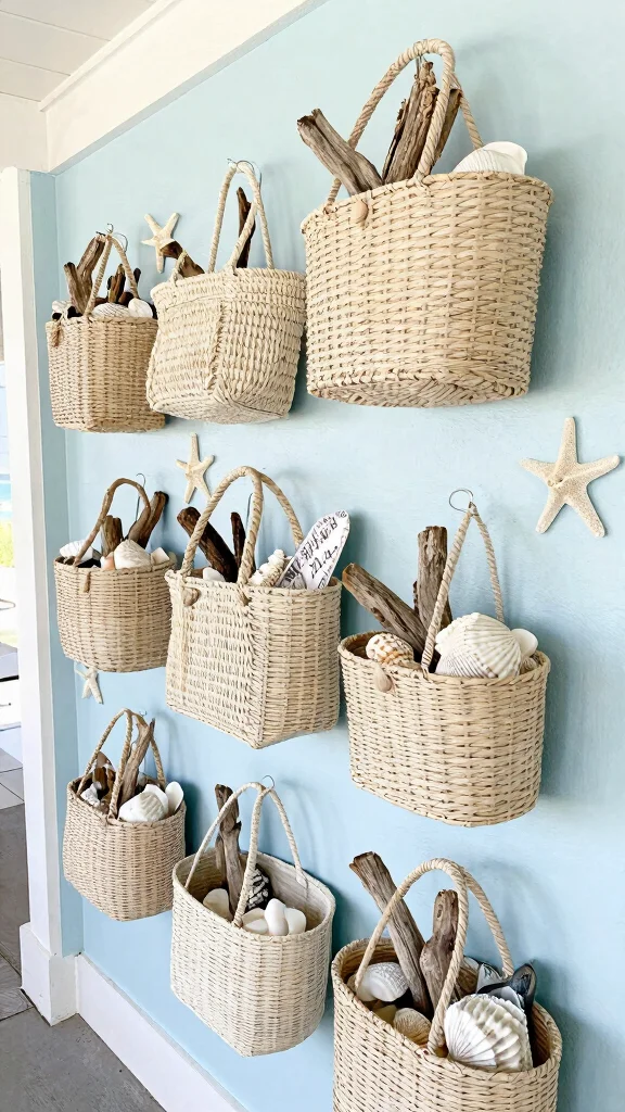 12 Three Woven Basket Wall Display Ideas for a Balanced Natural Decor - 9. Coastal Vibes 1
