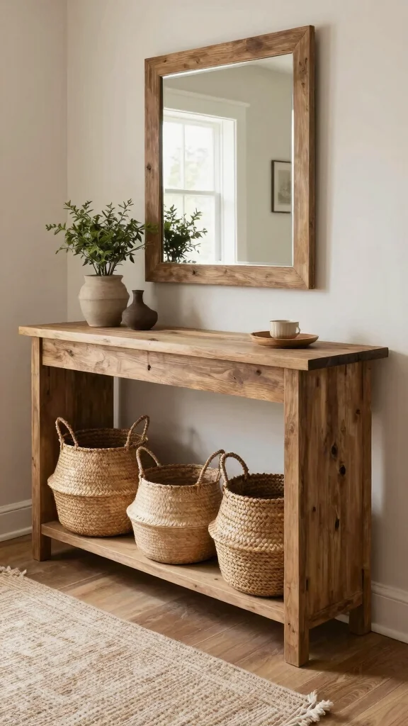 12 Under Console Table Basket Ideas for an Organized Entryway - 1. Classic Woven Baskets 1