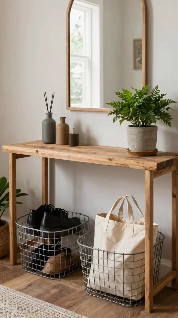 12 Under Console Table Basket Ideas for an Organized Entryway - 10. Repurposed Grocery Baskets 1