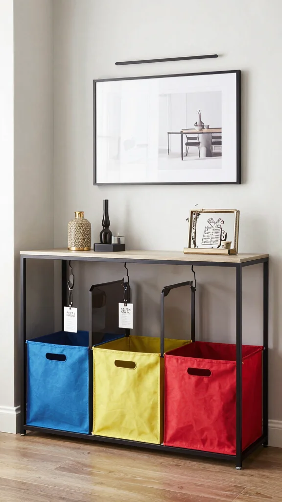 12 Under Console Table Basket Ideas for an Organized Entryway - 11. Foldable Storage Baskets 1