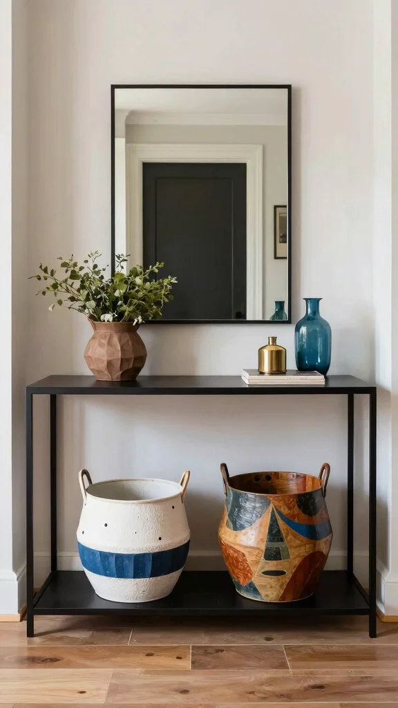 12 Under Console Table Basket Ideas for an Organized Entryway - 12. Artistic Baskets 1