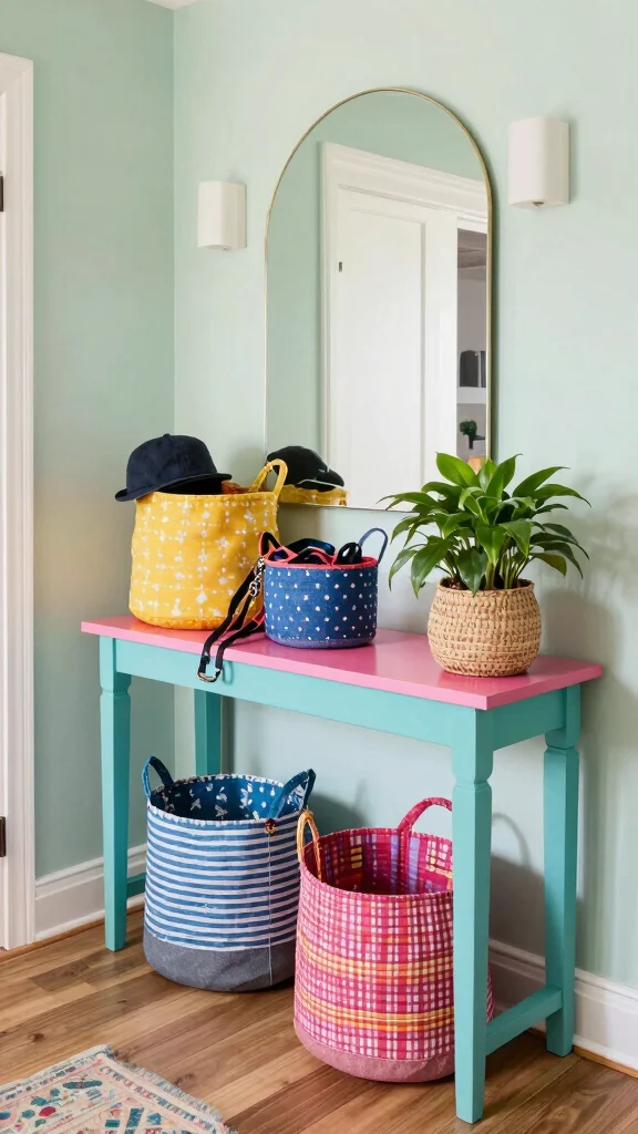 12 Under Console Table Basket Ideas for an Organized Entryway - 2. Colorful Fabric Baskets 1