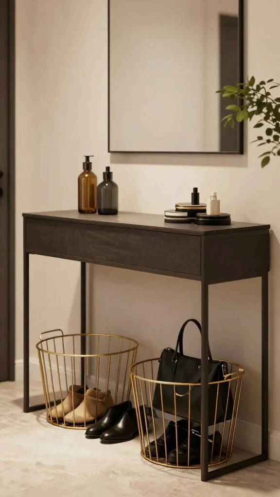 12 Under Console Table Basket Ideas for an Organized Entryway - 3. Chic Metal Baskets 1