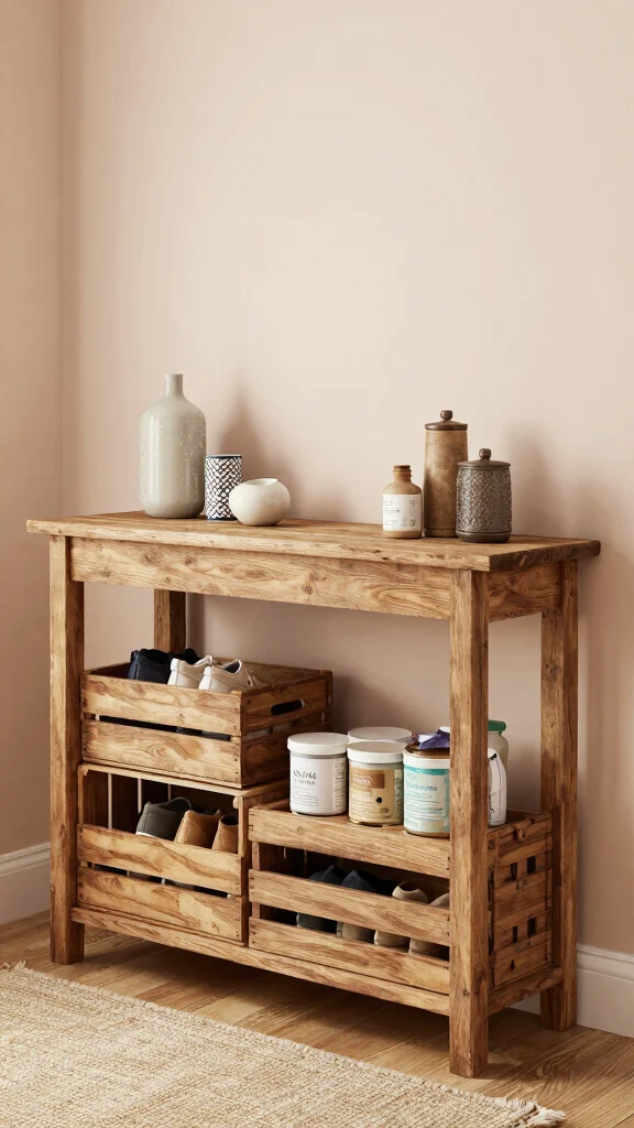 12 Under Console Table Basket Ideas for an Organized Entryway - 4. Rustic Wooden Crates 1