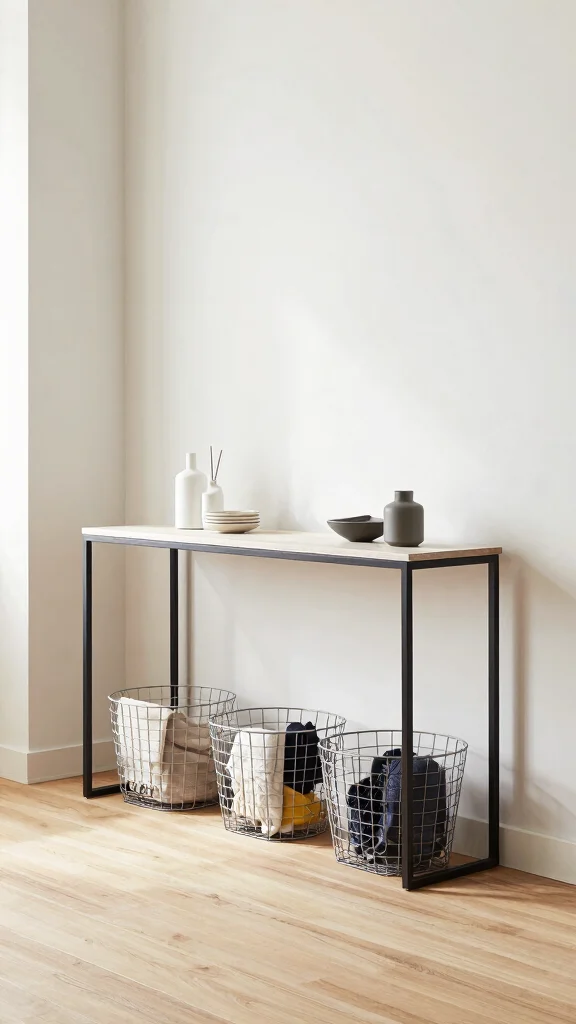 12 Under Console Table Basket Ideas for an Organized Entryway - 5. Stylish Wire Baskets 1