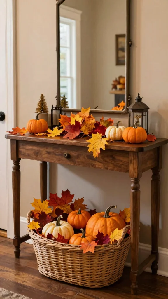 12 Under Console Table Basket Ideas for an Organized Entryway - 7. Seasonal Decor Baskets 1
