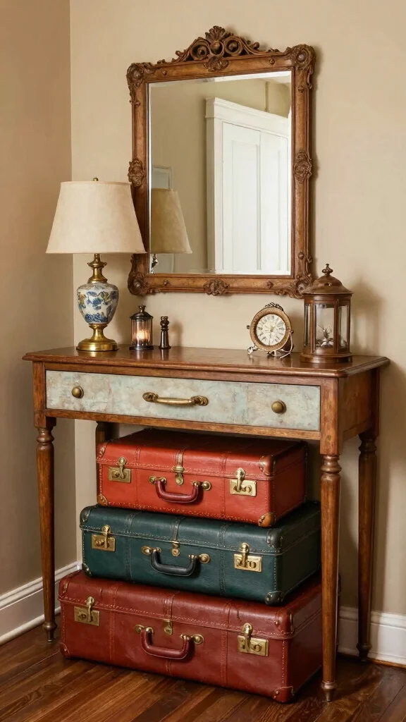 12 Under Console Table Basket Ideas for an Organized Entryway - 8. Vintage Suitcases 1