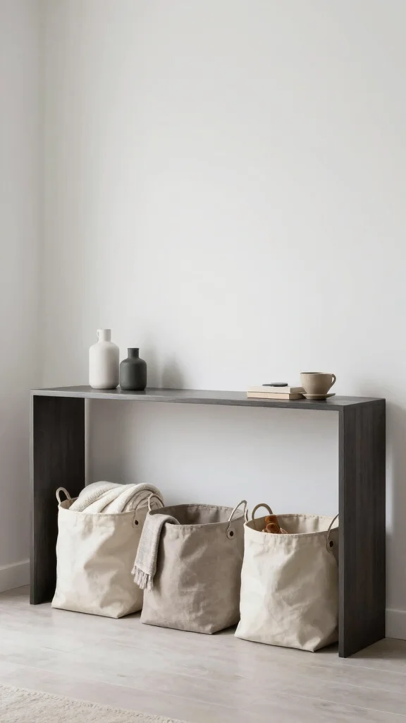12 Under Console Table Basket Ideas for an Organized Entryway - 9. Minimalist Canvas Baskets 1