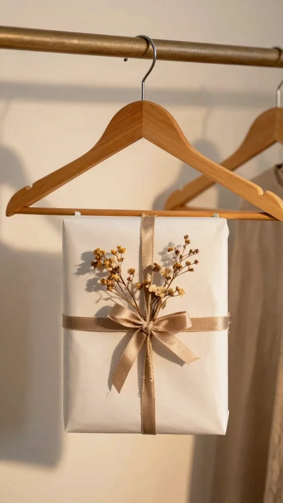 12 Vintage Wooden Clothes Hanger Ideas for a Warm Classic Closet - 10. Vintage Hanger Bindings for Gift Wrapping 1