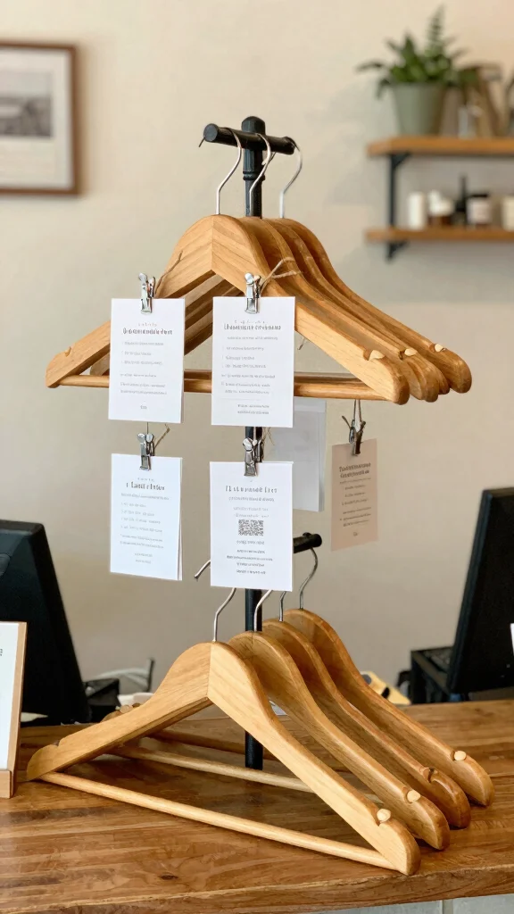 12 Vintage Wooden Clothes Hanger Ideas for a Warm Classic Closet - 11. Vintage Hanger Loyalty Cards Display 1
