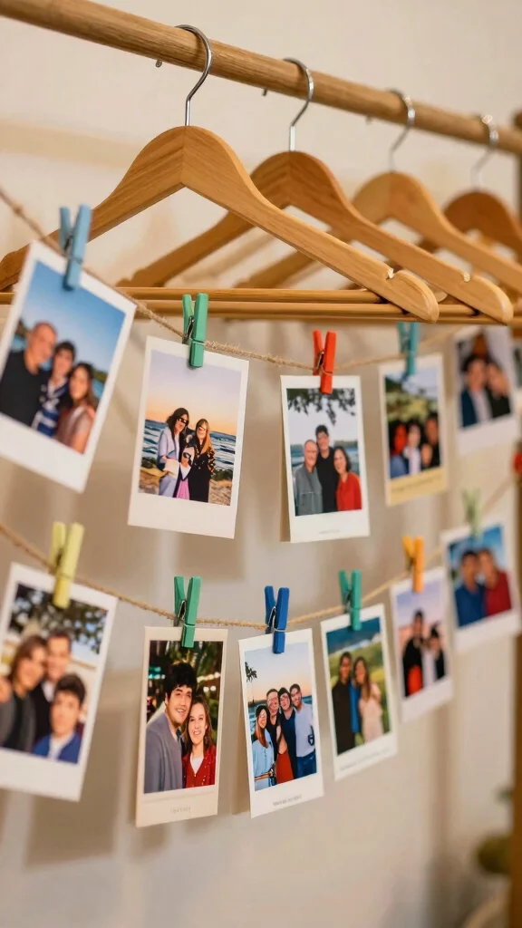 12 Vintage Wooden Clothes Hanger Ideas for a Warm Classic Closet - 7. Vintage Hanger Photo Display 1