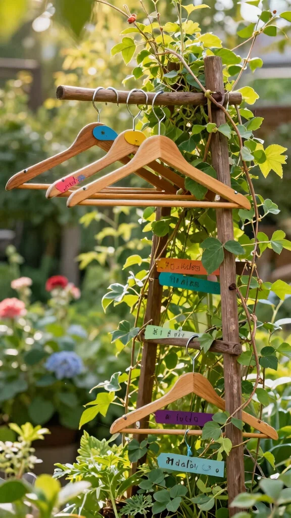 12 Vintage Wooden Clothes Hanger Ideas for a Warm Classic Closet - 8. Garden Trellis with Vintage Hang Tags 1