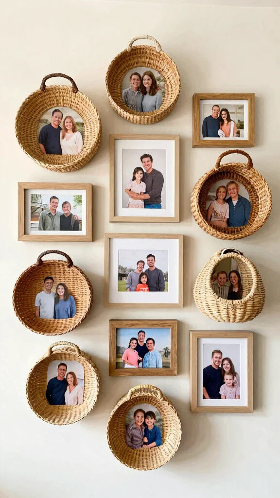 12 Wall Hanging Basket Ideas for a Boho Layered Natural Decor - 10. Personal Touch with Family Photos 1